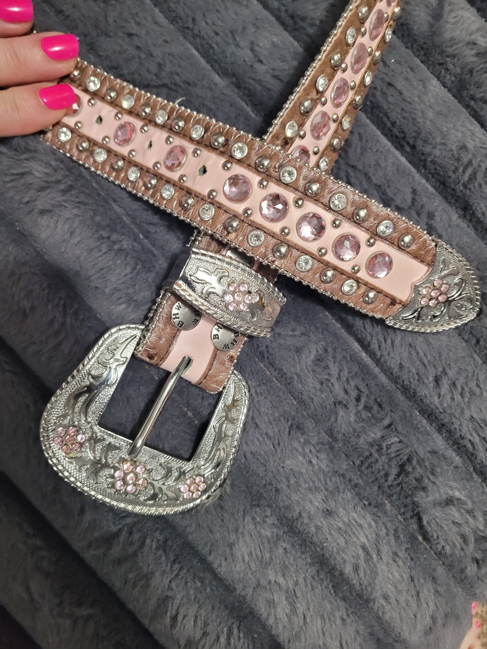 Rhinestone Embellished Pink Western Belt with Silver Buckle